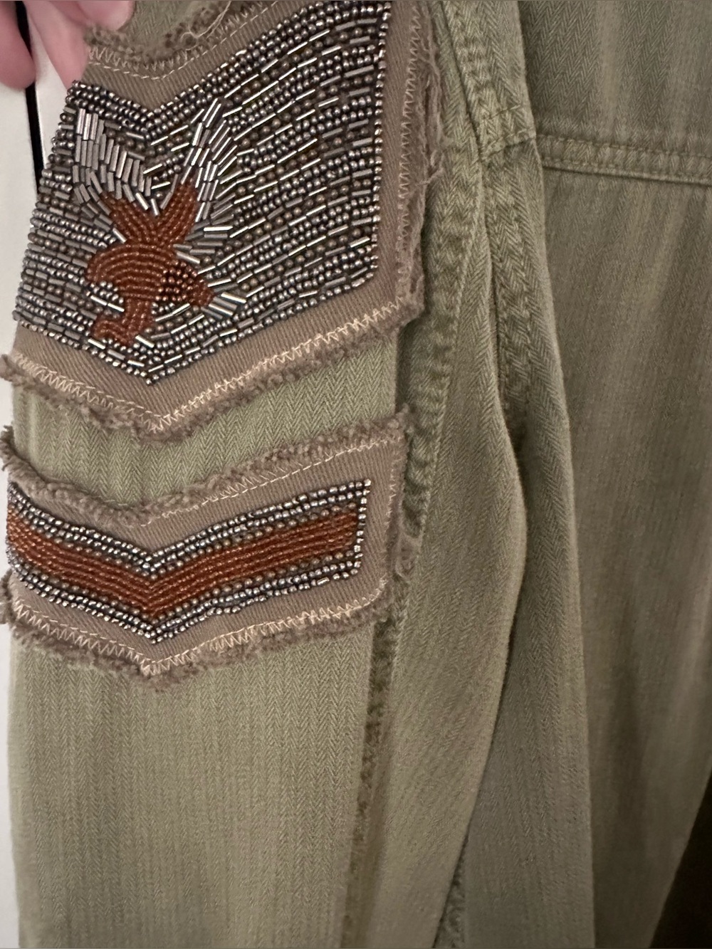 Free People Army Jacket Large Olive Utility Shirt Jacket Beaded Sleeve